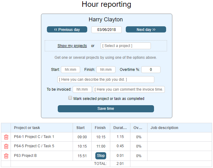 The project management software’s hourly reporting facility with start and end times
