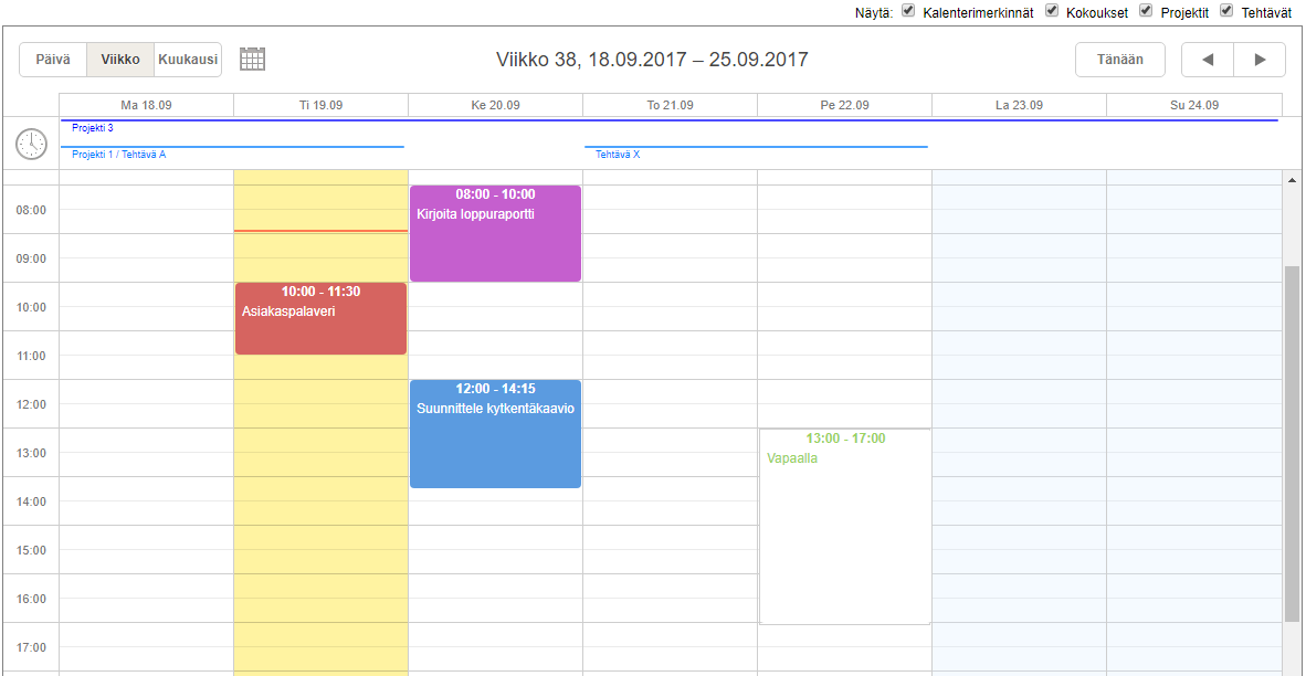 Projektityökalun kalenteri on Outlook-synkronoitu