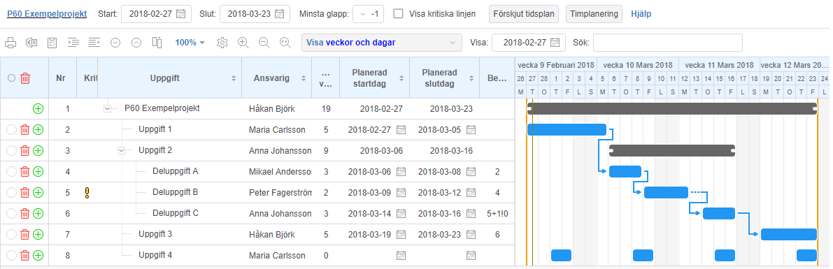 Projektet i Gantt-diagram. Projekthanteringsprogram projektverktyg projekthanteringsverktyg projekthanteringssystem.