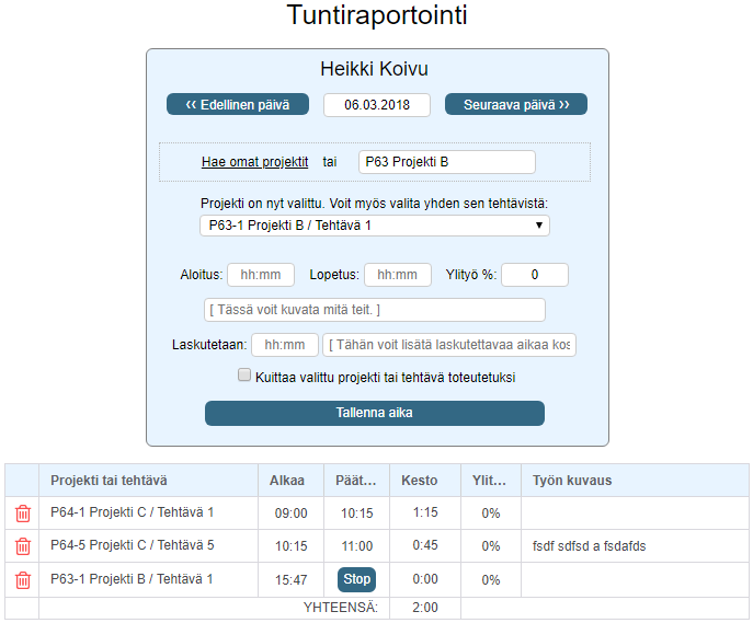 Projektinhallintaohjelman tuntiraportointi jossa aloitus- ja päättymiskellonajat