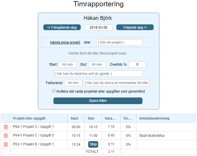 Projektverktygets timrapportering med start- och sluttid